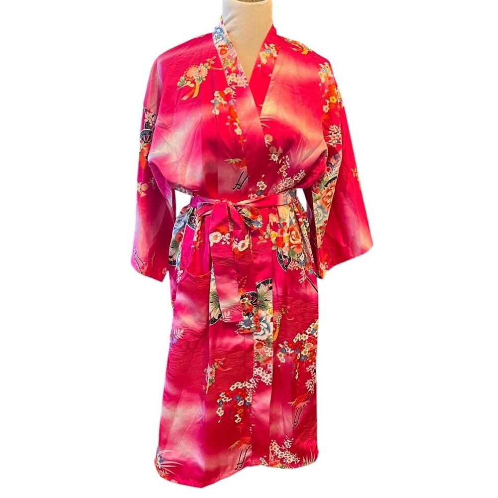 Vintage Ichiban Kimono Robe 42”•Women M•Pink Geisha Japan Oriental Cherry Floral